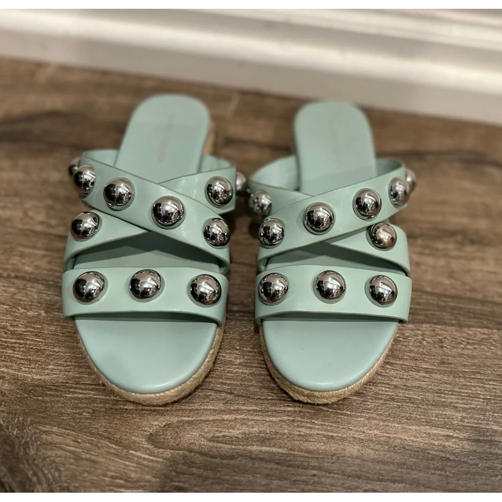 Marc Fisher Prisca Ball Studded‎ Sandals Green Faux Leather